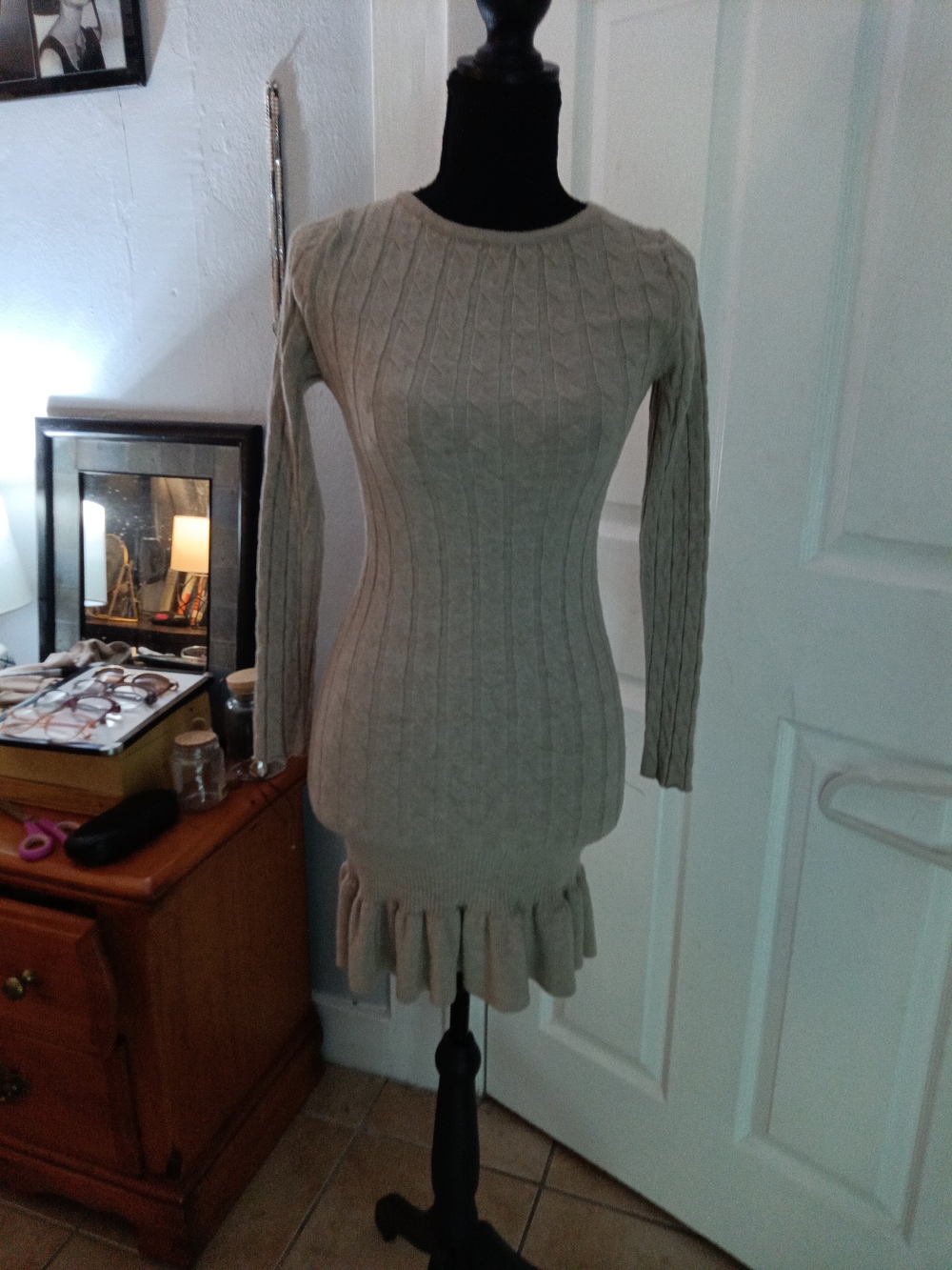 SHEIN Beige Cable Knit Ruffle-Hem Long Sleeve Dress